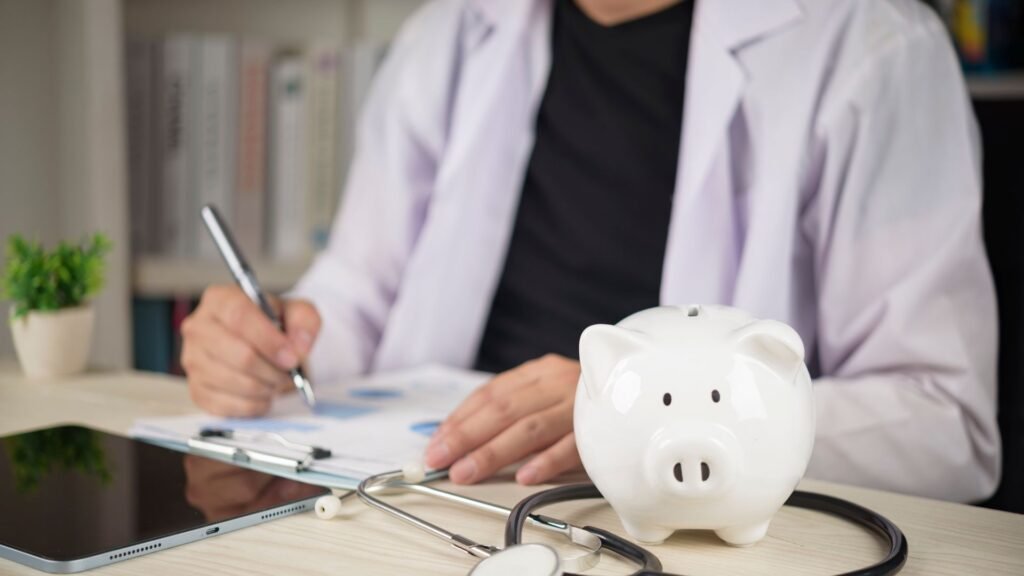 Healthcare worker in light purple blazer and black top writing notes on financial documents at desk with white piggy bank, stethoscope, tablet, and small potted plant, representing healthcare cost management, medical billing, insurance planning, and financial wellness in clinical practice