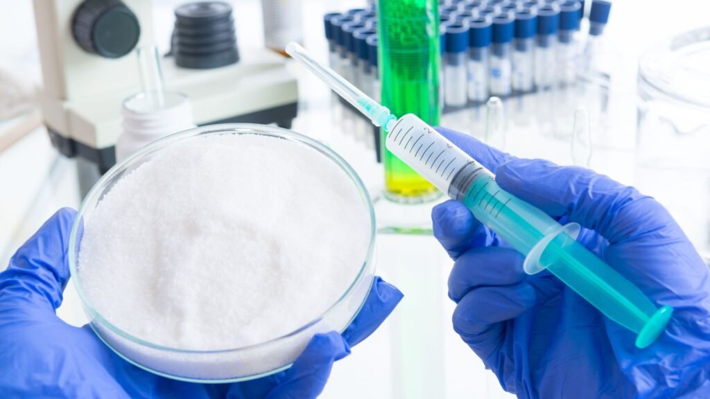A laboratory worker is holding a syringe filled with solution while also holding a petri dish containing white powder.